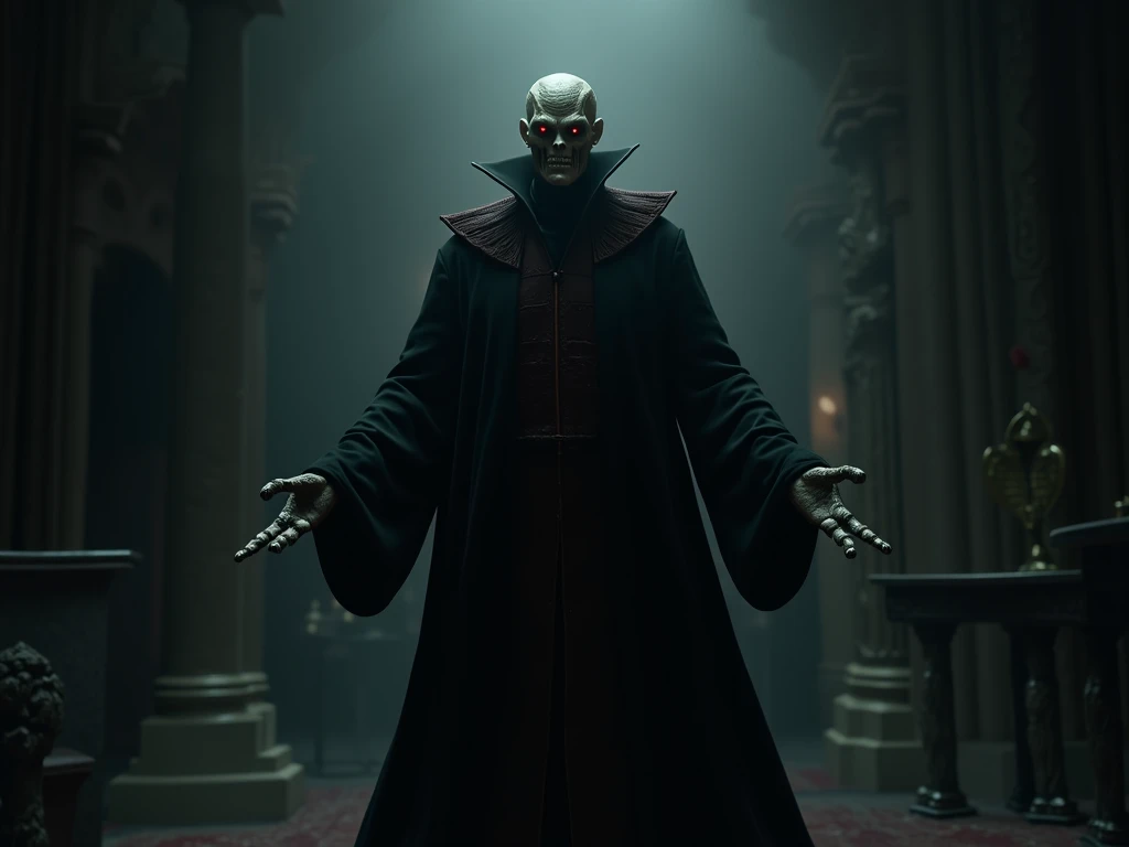 Voldemort stands in a dark room in a demonstrative pose