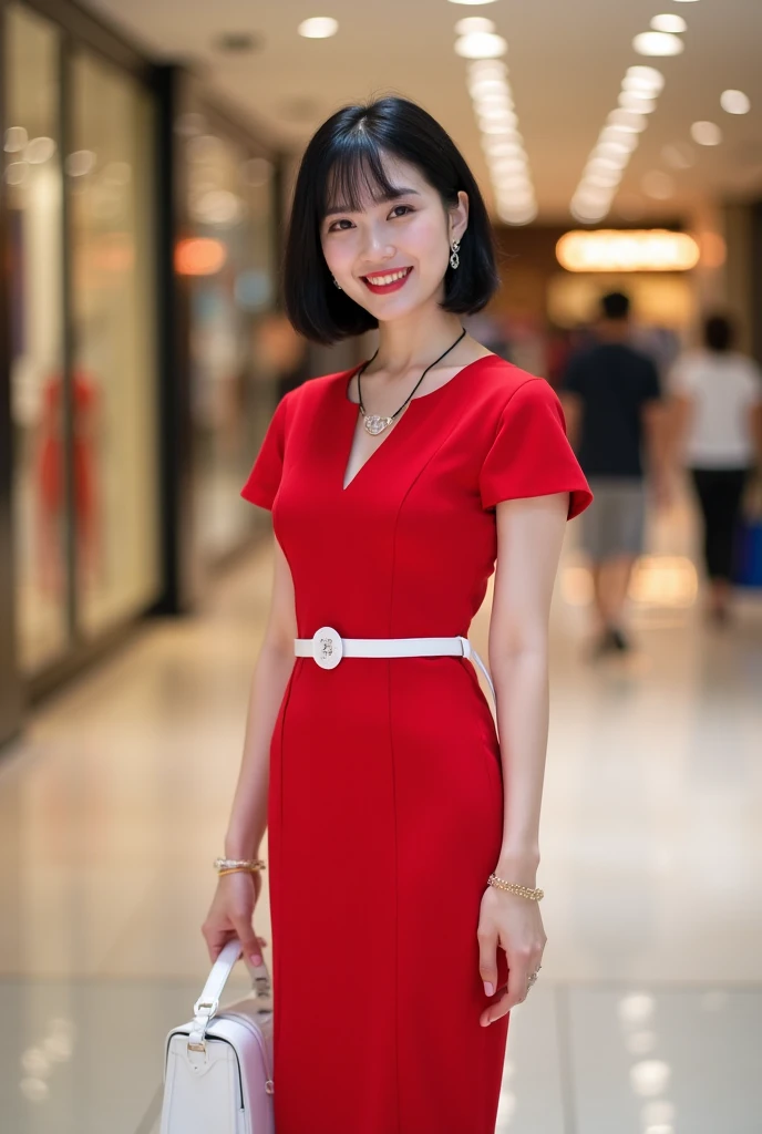 A beautiful asia  woman, smiled, short bangs black hair , wearing dress formal red ,with white belt and white sandals, necklace, earrings, wristwatch, bracelet,standing in front of beautiful mall  background, photo 