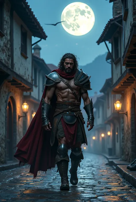 (star-filled) warrior (male, athletic, curly long hair, dented rusty armor) staggers drunkenly into the streets of a medieval town on a bright full moon night, (a medieval scenario), (fantasy masterpiece), (detailed faces and full-body shots), (atmospheric...