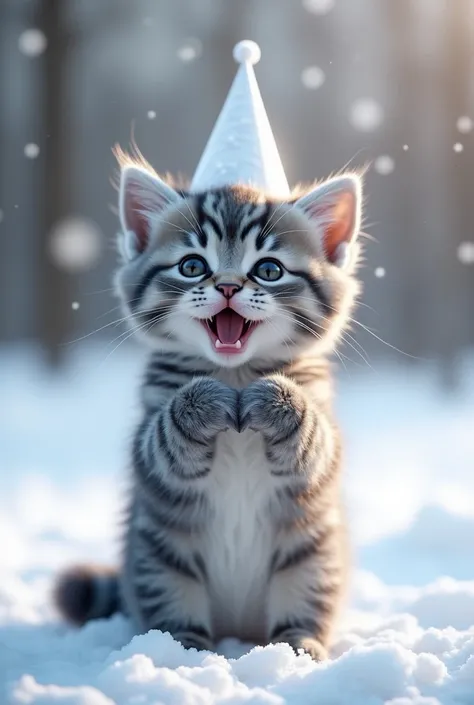 Cute gray kitten with white stripes standing on 2 legs on snow, wearing a happy birthday hat