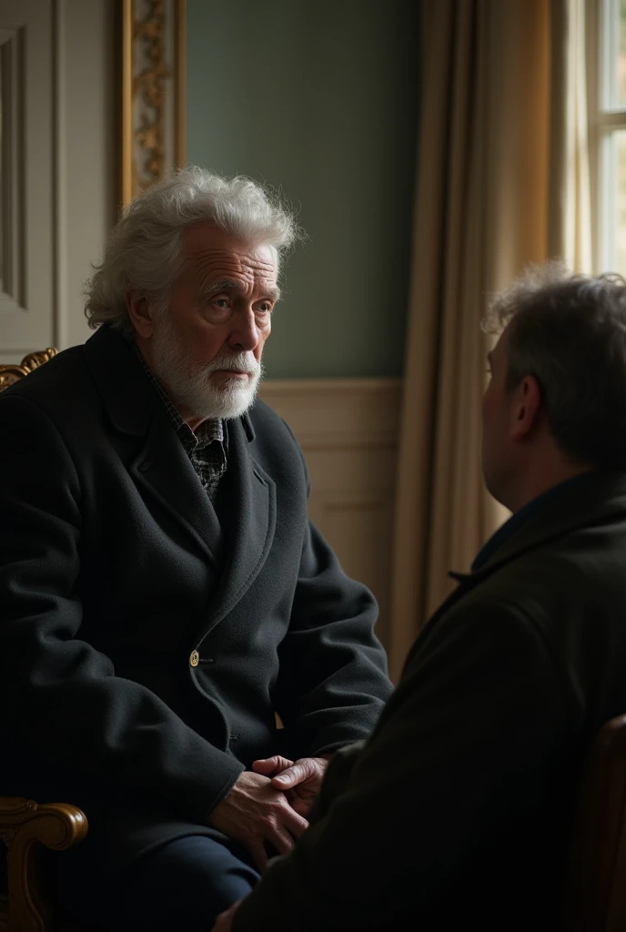 A very clear ultra hd dynamic image of "Michael Listening Intently: Michael sitting across from the old man (old man in his 60s wearing long coat and sitting on chair)   leaning forward with a determined expression.
