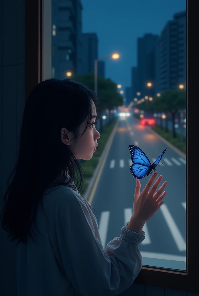  A girl stares at the street with a stoop and city buildings from behind a window.  night atmosphere. The girls gaze is dull /sad,  One hand touches the window glass .  The streets are a bit blurred . Korean girl.  Outside the window was a dark blue butter...