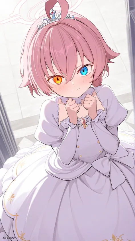 (high quality, ultra-detailed), Blue Archive, Hoshino Takanashi, looking at viewer, pink hair, heterochromia of blue (right) and orange (left) eyes, solo, princess dress, lovely