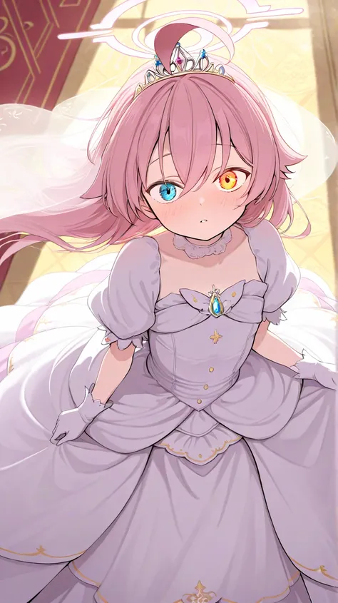 (high quality, ultra-detailed), Blue Archive, Hoshino Takanashi, looking at viewer, pink hair, heterochromia of blue (right) and orange (left) eyes, solo, princess dress, lovely