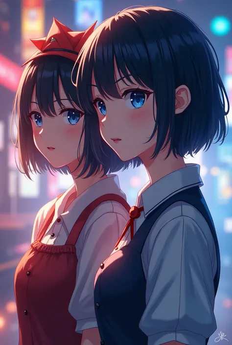 2 girls, beautiful detailed anime girl,short black hair, blue eyes, detailed face, Serena from Konosuba, intricate detailed clothing, complex, cinematic lighting, vibrant colors, detailed, masterpiece,