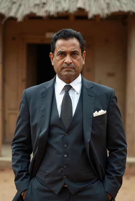 there is a man in a suit and tie standing in front of a hut, dressed in a jodhpuri suit, sharp looking portrait, closeup portrait shot, raj koothrappali as saul goodman, handsome man, professionally color graded, portrait shot 8 k, serious focussed look, i...