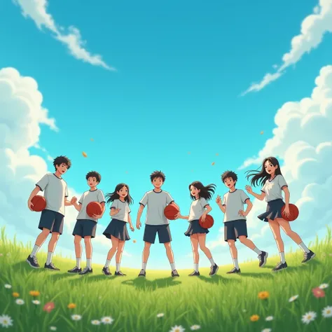 Students wearing school uniforms ，Facing the camera，手持basketball，站在basketball场中央。 photo style is simple and elegant ，Bright color ， green field and blue sky and white clouds。, soft light ，突出vitality和confidence。 wide-angle camera captures the students whole...