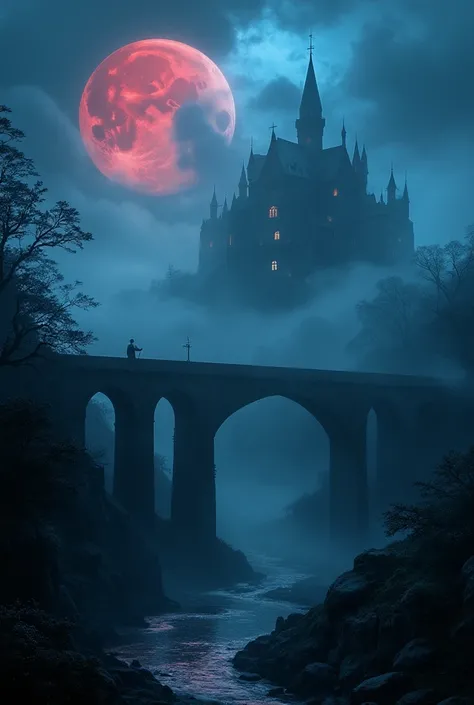 An ancient bridge enveloped in deep fog, with a red moon and a blue moon illuminating the scene, creating a mystical, otherworldly atmosphere. In the background, a majestic old castle can be seen, shrouded in mystery. The overall mood is enchanting and sur...