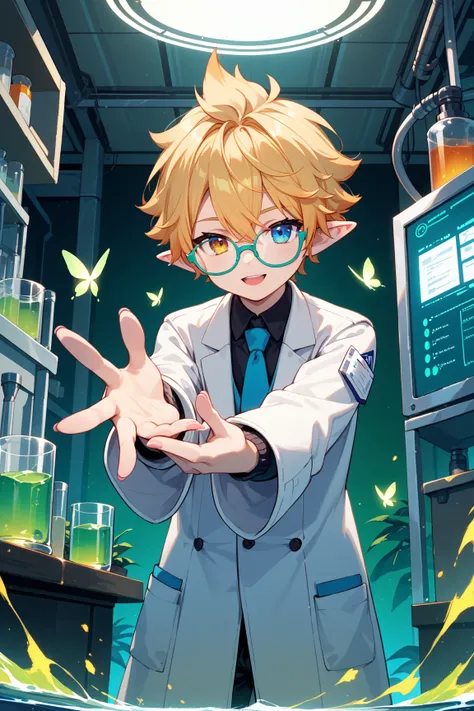 "A tall scientist with fair skin, standing at 1.75 meters. He has heterochromia – his right eye is a mix of yellow and orange, while his left eye is a bluish-gray. His hair is medium-length, reaching just below his ears, parted in the middle, and features ...