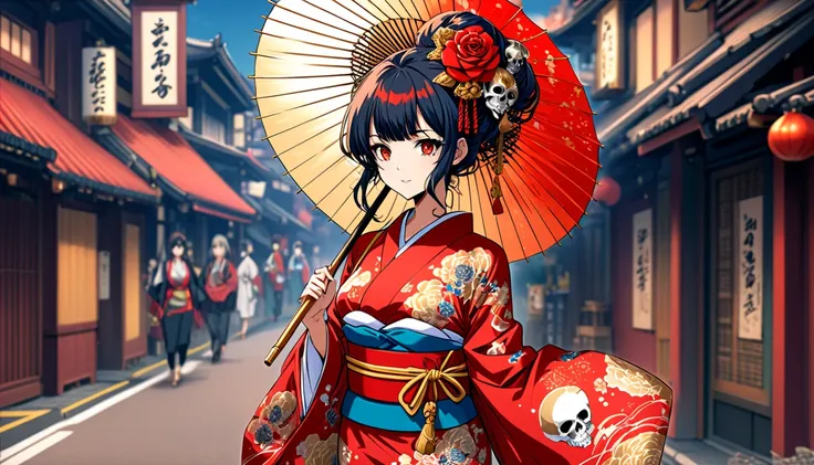 Create an anime-style portrait of a woman in a gorgeous kimono walking down Nakamise Street in Asakusa.
The woman is holding a flashy parasol, and her visible skin features tattoos of skulls and roses, contributing to the characters contrast.
The color sch...