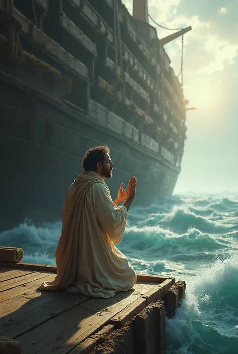 Visual Prompt: Nuh (A.S.) kneeling on the deck of the ark, hands raised in prayer, with an expression of sincerity and trust.