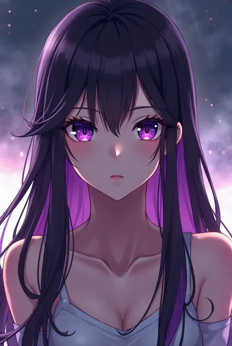  Fantasy anime style girl with a serious face half a brunette, purple eyes and very long straight hair 