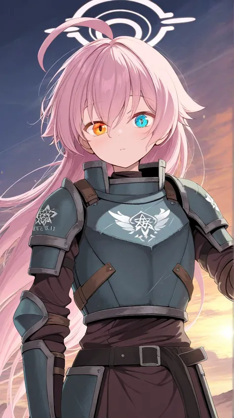 (high quality, ultra-detailed), Blue Archive, Hoshino Takanashi, looking at viewer, pink hair, heterochromia of blue (right) and orange (left) eyes, solo, rugged battle armor