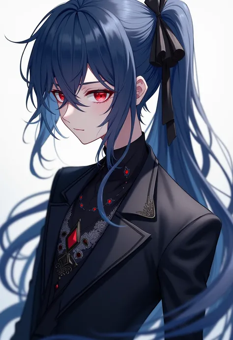 A quiet anime guy with sharp red eyes represents long indigo hair tied with a black ribbon and covers his whole left eye with his long hair,Fair skin and wearing all the luxurious and elegant black fairy clothes like noble school clothes
