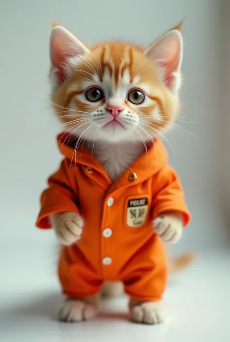 Live action kitten wearing an orange prisoner uniform