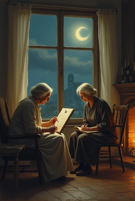 two brown old women pic one painting the moon sitting near a window and the other is writing a book near firewall at night 