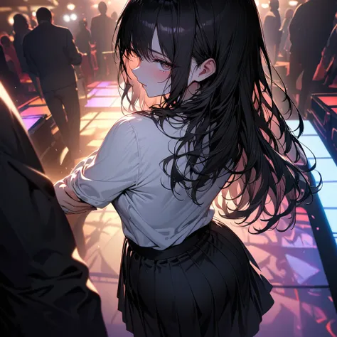 Masterpiece, best quality, super detailed, illustration, Korean woman, back view, dancing in club, white t-shirt, plain black skirt above knees, black long hair, first-person perspective, viewers masculine hand lightly touching womans skirt-covered bottom,...