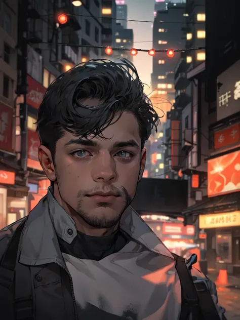 1man,masterpiece,best quality, ultra high res, dusk,cityscape,depth of field, short black messy hair, solo male