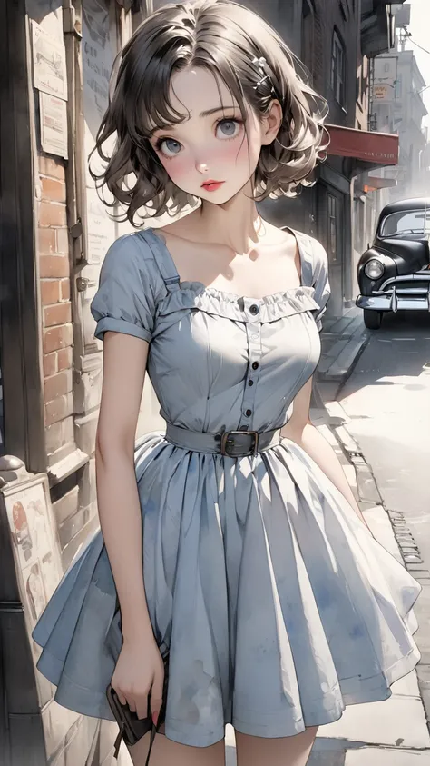 high definition, masterpiece, Anatomically Accurate  , Accurate,  top quality, high definition model, high detail,   anatomically correct ,  Norman Rockwell &Tim Burton style、darkness、1 girl, Street Corner、Watercolor touch、Young Beautiful Girl、1950s