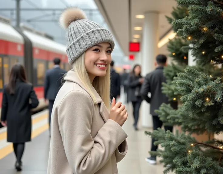  The third side photo rule ;  Professional photo of a beautiful young woman with blonde hair standing at a crowded train station;  beautiful detailed face;  is an Asian woman ;  smiles sweetly as she looks at a moving train ,  She is wearing a soft wool co...