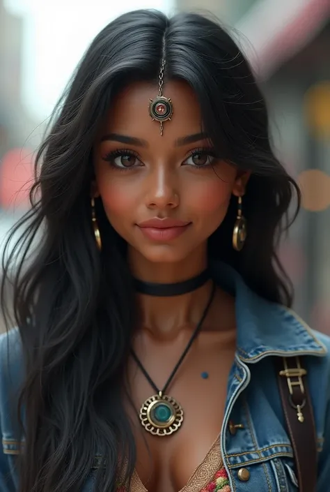 Create a realistic 3D AI character who looks like a modern, fashionable young adult with a mix of Indian and global features. The character should have dark brown skin, a slightly tanned complexion, with long black hair styled in a casual but stylish way. ...