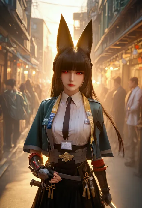 bmasterpiece、top-quality、hight resolution)、 Real life adaption for this character, Masterpiece, high quality, best lighting, cinematic, 1girl, Hoshimi Miyabi, black hair, red eyes, fox ears, Blunt bangs, braid, fox ears, green jacket, jacket on shoulders, ...