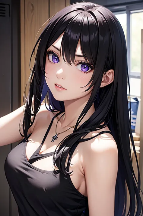 8k resolution,(( top quality )), super high res,Adult female, Alone,  sexy, (Glaring face), ( purple eyes),  beautiful symmetrical face , ( long black hair), black hoodie, black tank top, shorts, cross necklace, realistic :1.4, realistic :1.4,(  Masterpiec...