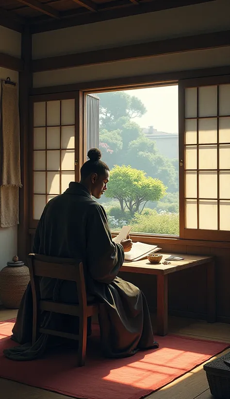 An intimate scene showcasing Yasuke in his new home, with a beautiful Japanese lady reflecting the life he has gained. The interior of his modest house is adorned with traditional Japanese decor, and a small garden can be seen through the window. Yasuke is...