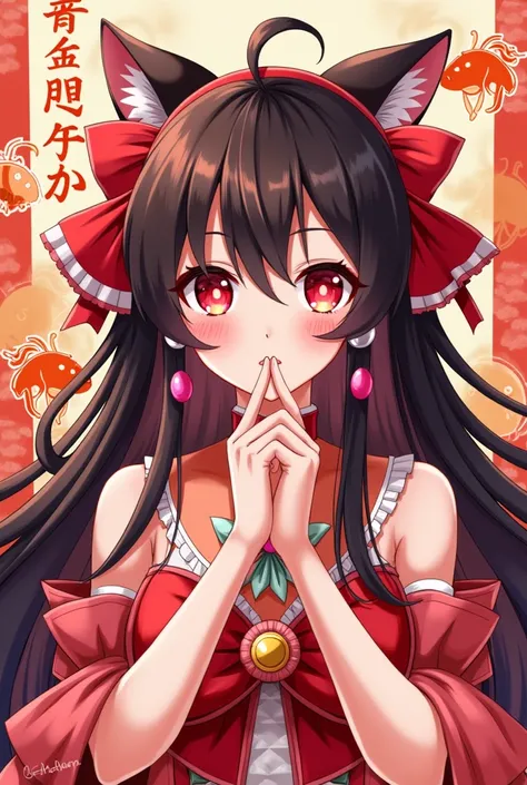 Vibrant and detailed anime-style illustration featuring a female character with cat-like features. She has long, dark hair adorned with red and pink accessories, including a large bow and various beads. Her eyes are large and glowing red, with distinct bla...