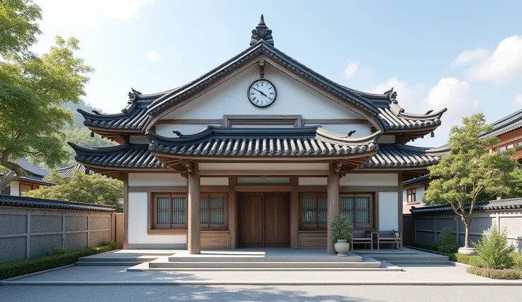 There is a white building，有一个the roof，There is a clock on it, edo style, Inspired by Dongyang, Selangor, Japanese house, 喇叭形日式黑瓦the roof, the roof, 瓦片the roof, Japan architecture, Ehime, Japanese style, 石the roof,  山墙the roof, Edo is, Large tube wood peach...