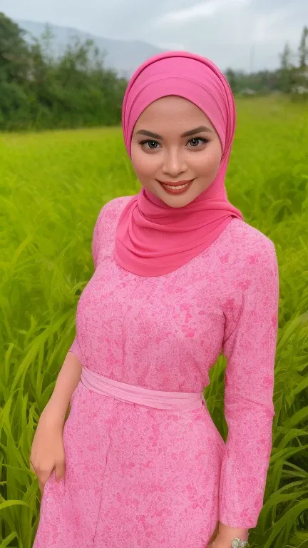 Malay girl in hijab wear pink small floral baju kurung malaysia in paddy field near malay village, wear back pack, front view, detail skin, detail skin texture, mole below eyes, small breast, big hip, big waist, big thigh, slim abs, beautiful body, nightti...