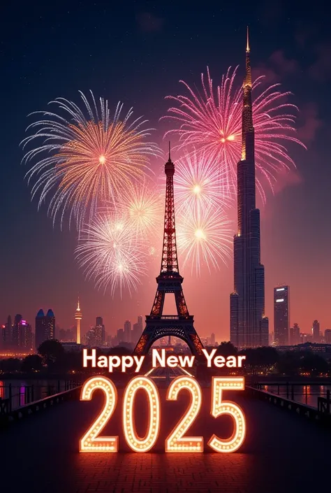 Newyear 2025 wishes with Eiffel tower and burj khalifa background with fire works together .and write Happy New year 2025 also