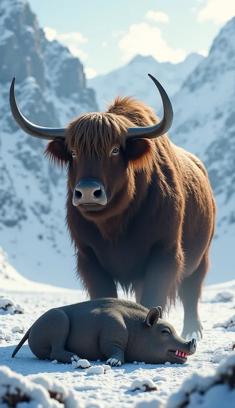  The yak stands dominant, its horns glistening, while the saber-toothed pig lies defeated in a snowy clearing.