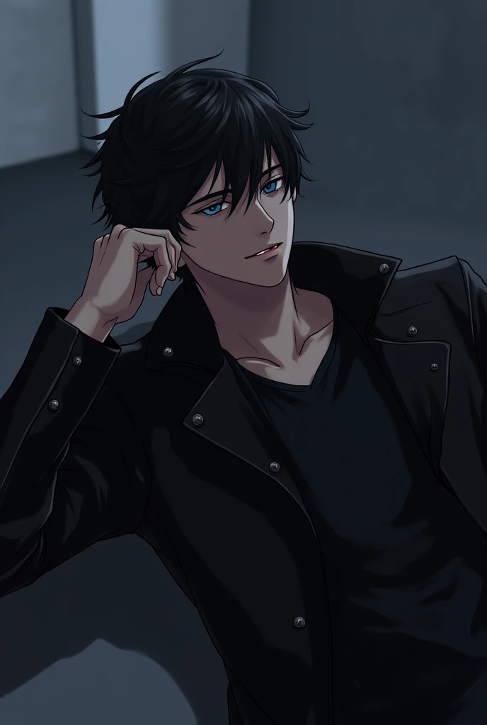 Handsome anime male character in a leather jacket lying on the floor with his eyes closed