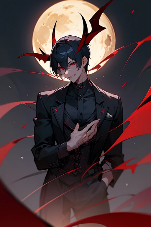 male、Short Hair、solo、adult、devil、美male、 sturdy physique 、 slender、 sexy、 grins、 sadist、lure、 Asmodeus 、soloモン72柱、danger、 Kills、Darkness of the Night、moon、色欲のdevil、Boudoir