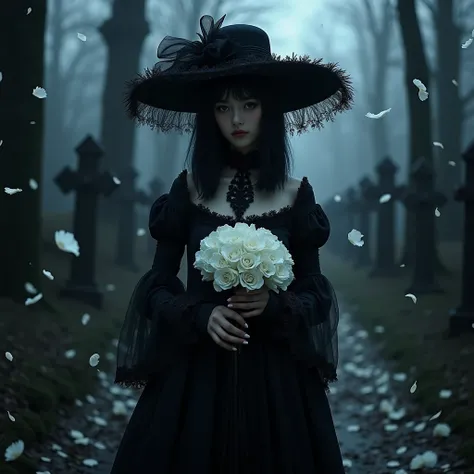 1girl,,face not visible,black Gothic dress,black hat,white bouquet,(holding white bouquet),standing,front,(black petals flying in profusion),Rain of petals,many petals,innumerable petals,large quantity of petals,night,dark fantasy,cursed graveyard backgrou...