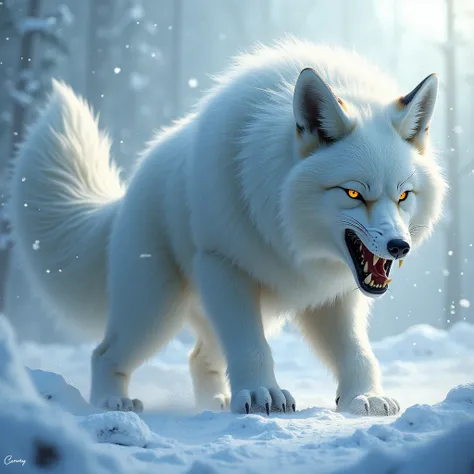 A massive, frosted fox with piercing amber eyes, baring its sharp fangs and growling in fury, its long tail swishing through the snow.