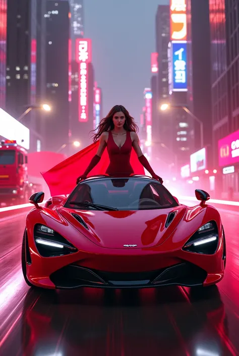 super woman red car mclaren super woman in red dress laser light pink lights in city fire truck with red hood 