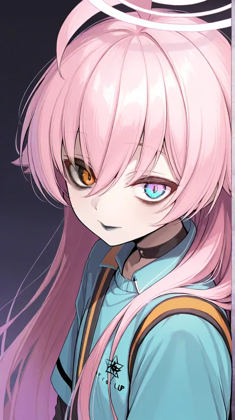 (high quality, ultra-detailed), Blue Archive, Hoshino Takanashi, looking at viewer, pink hair, heterochromia of blue (right) and orange (left) eyes, solo, emo clothes, dark under eyes, black lipstick