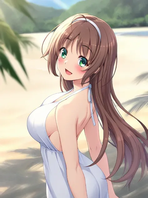 masterpiece, best quality, MomoseAyumu, 1girl, solo, long hair, brown hair, green eyes, large breasts, hairband, ahoge, smile, happy, blush, Backless Dress, white dress, A beach bathed in sunlight filtering through the trees, cinematic angle,