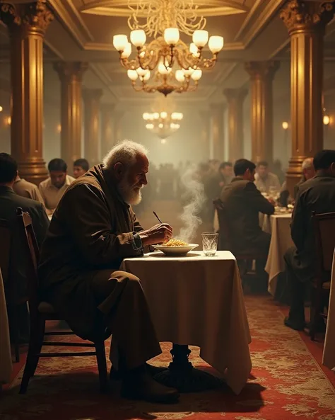 The beggar sitting quietly at a small table in the bustling hotel, eating a simple plate of rice while others enjoy their meals around him.
