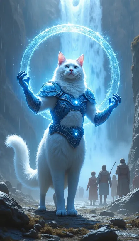 Crystal Shield Cat
A white cat clad in shimmering blue armor conjures a crystal dome to shield a group of villagers from falling debris. The background is a mountain valley with a glowing waterfall.

