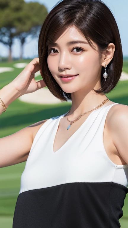 ((Short Hair)),Genuine,whole body,（Wearing golf wear）、Beautiful older sister、very detailed、detailed、((High resolution)),8k、((The background is a golf course)),beautifully、Well-shaped eyes、(Korean women)､Beautiful Skin、Detailed face、(charm)、Brunette Hair、20...