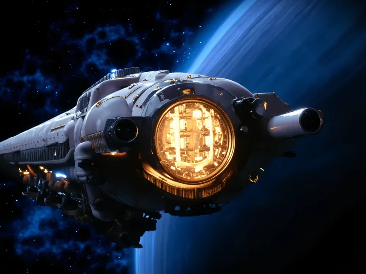 A massive, futuristic spaceship captured in the timeless style of Super Panavision 70. The ship features an intricate, cylindrical design with glowing golden lights emanating from large segmented windows. Its surface is a smooth, pristine white with metall...