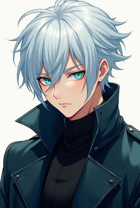 An anime picture of a young man. 25 years old. Gravity defying white hair and turquoise eyes. Wearing dark clothes and a leather trench coat.