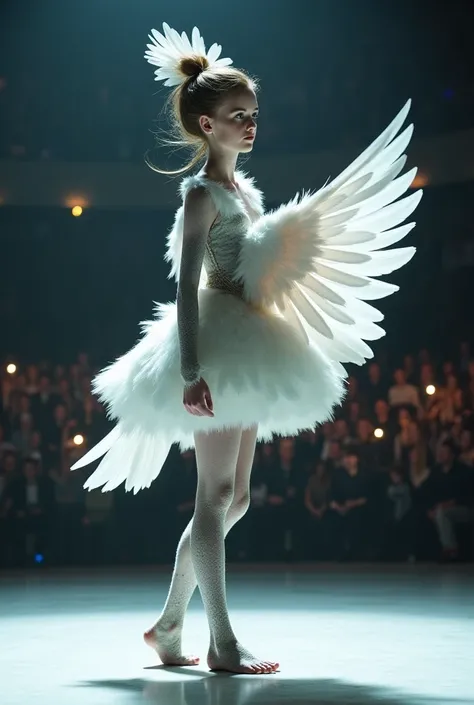 
"Design a hybrid being that blends the grace of a girl with the delicate features of a pigeon. The creature has soft, white and gray pigeon feathers covering her body, transitioning seamlessly from her human torso to feathered arms that resemble wings. He...