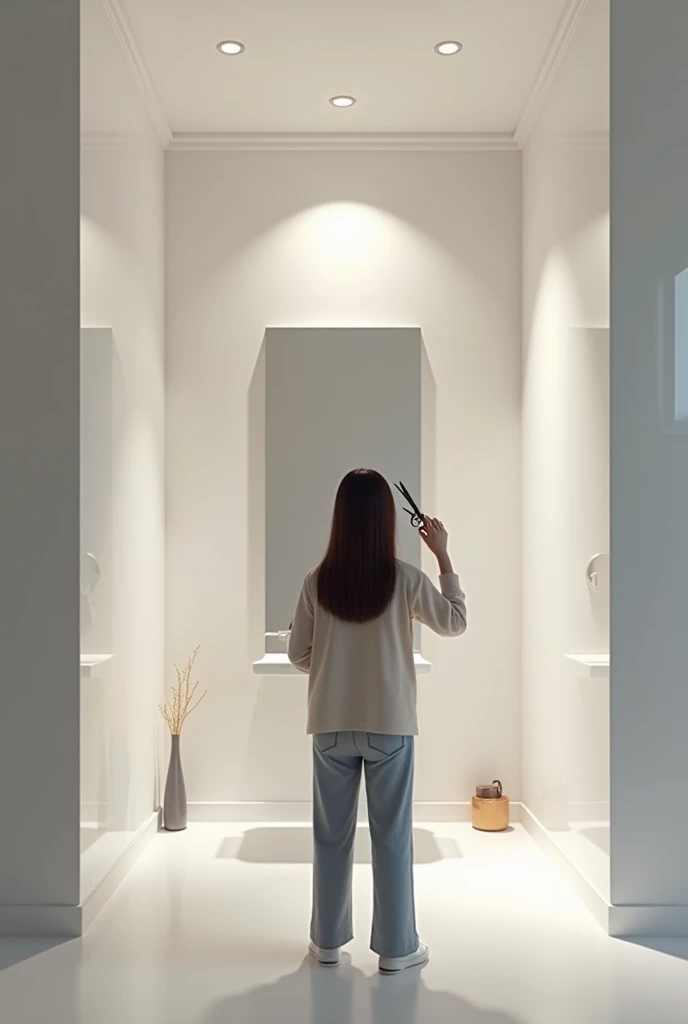 A clean, modern bathroom with good lighting. A person stands in front of a mirror, holding scissors near their hair, with a curious expression as if contemplating cutting it.