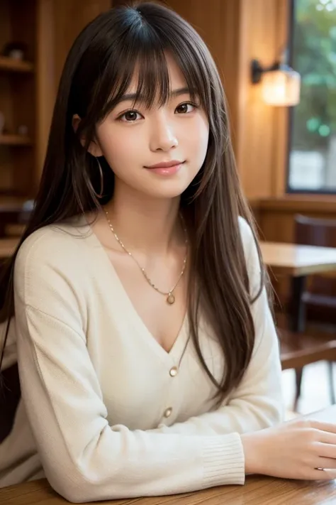 a photorealistic image of a young Japanese woman in her early 20s with long dark hair and soft bangs, styled simply, a gentle smile, with her gaze slightly averted, natural makeup, wearing a textured top in a neutral tone with a high collar and long sleeve...