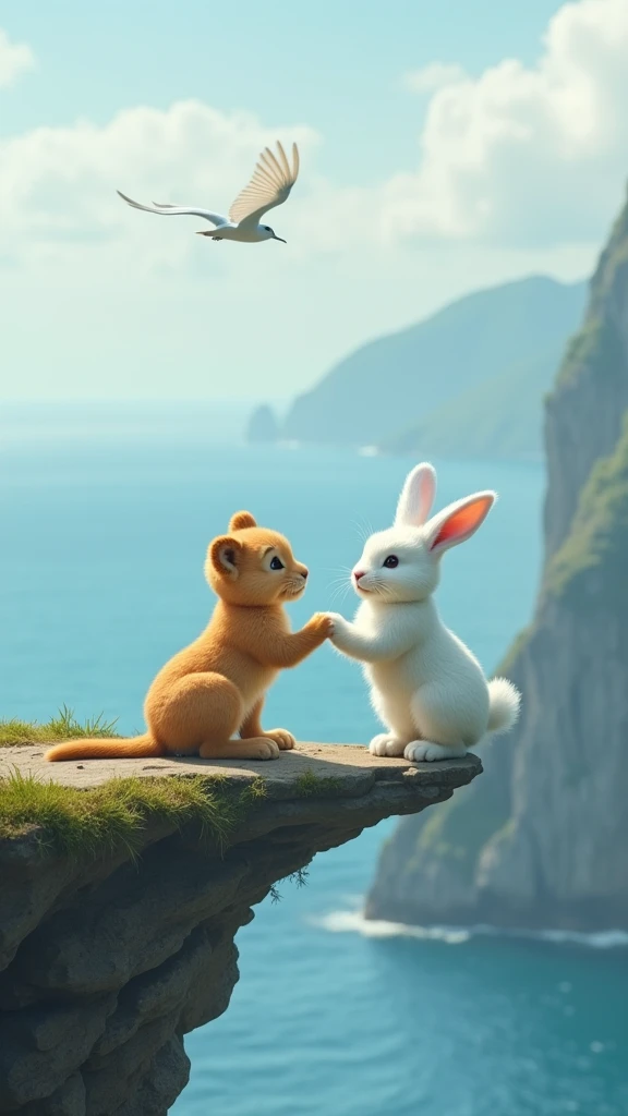 The image shows two animals, a white rabbit and a lion cub, standing on a cliff overlooking the ocean. The lion cub is on the left side of the image, reaching out to touch the white rabbits paw. The white rabbit is sitting on the edge of the cliff, looking...