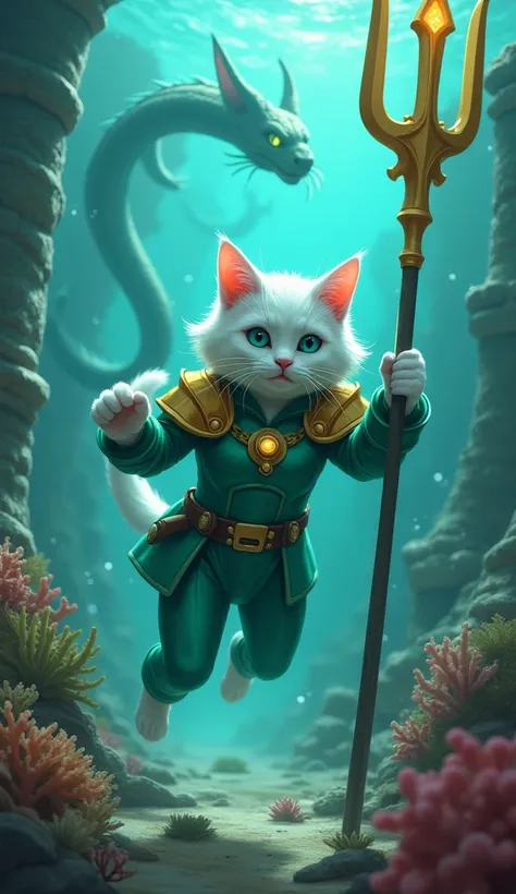 Aqua Guardian Cat
A white cat in a sea-green suit with golden shoulder pads swims through underwater ruins. Her trident glows as she wards off a massive sea serpent, with corals and marine creatures surrounding her.

